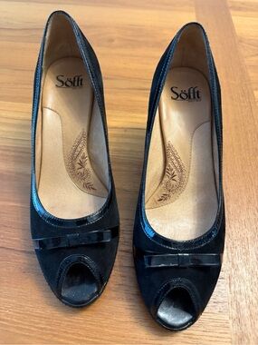 Sofft Black Suede Peep Toe Pumps with Patent Trim